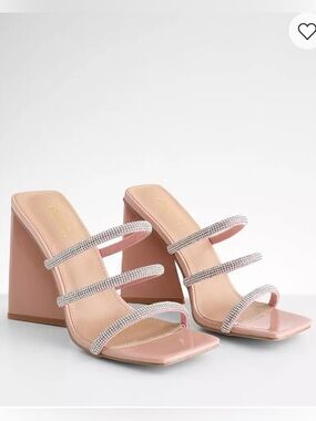 Qupid Blush Pink Rhinestone Triple-Strap Block Heel Mule
